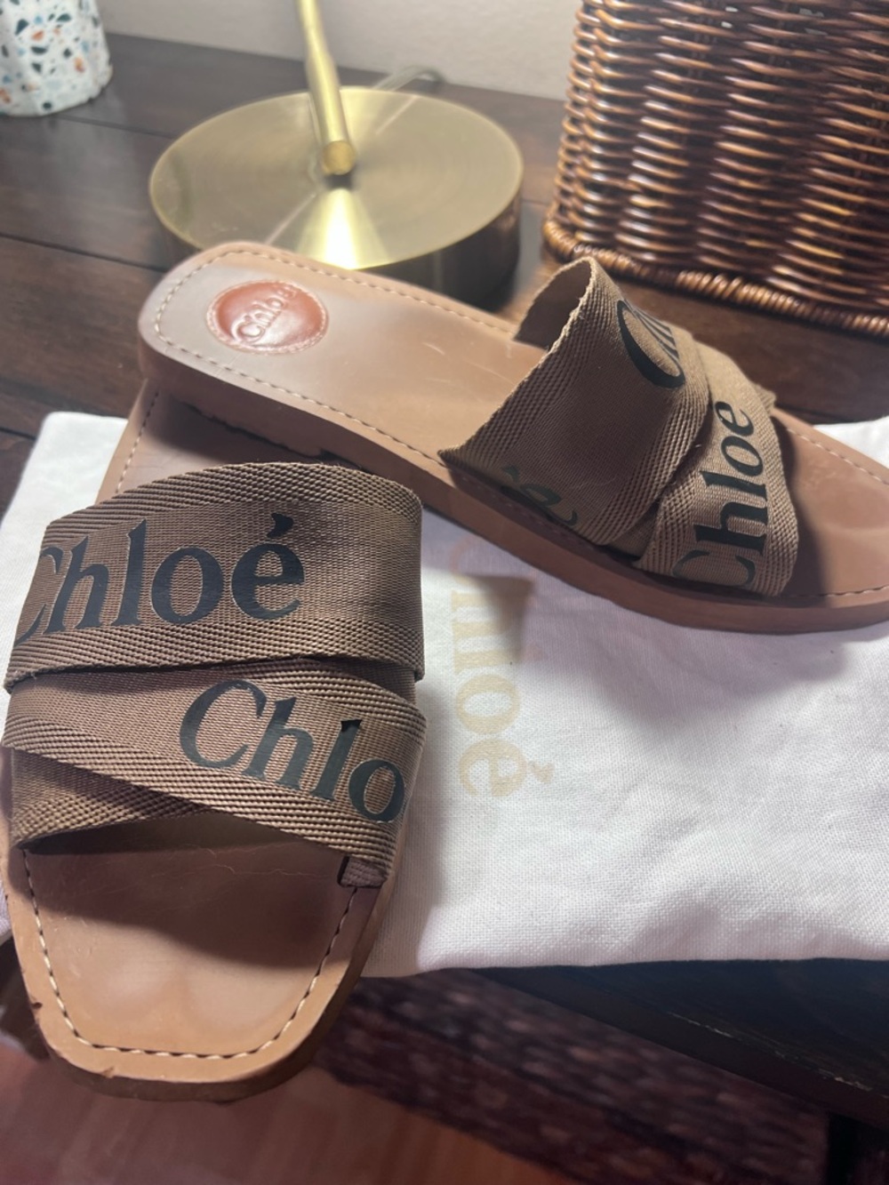 Chloé Brown Logo Strap Leather Slide Sandals